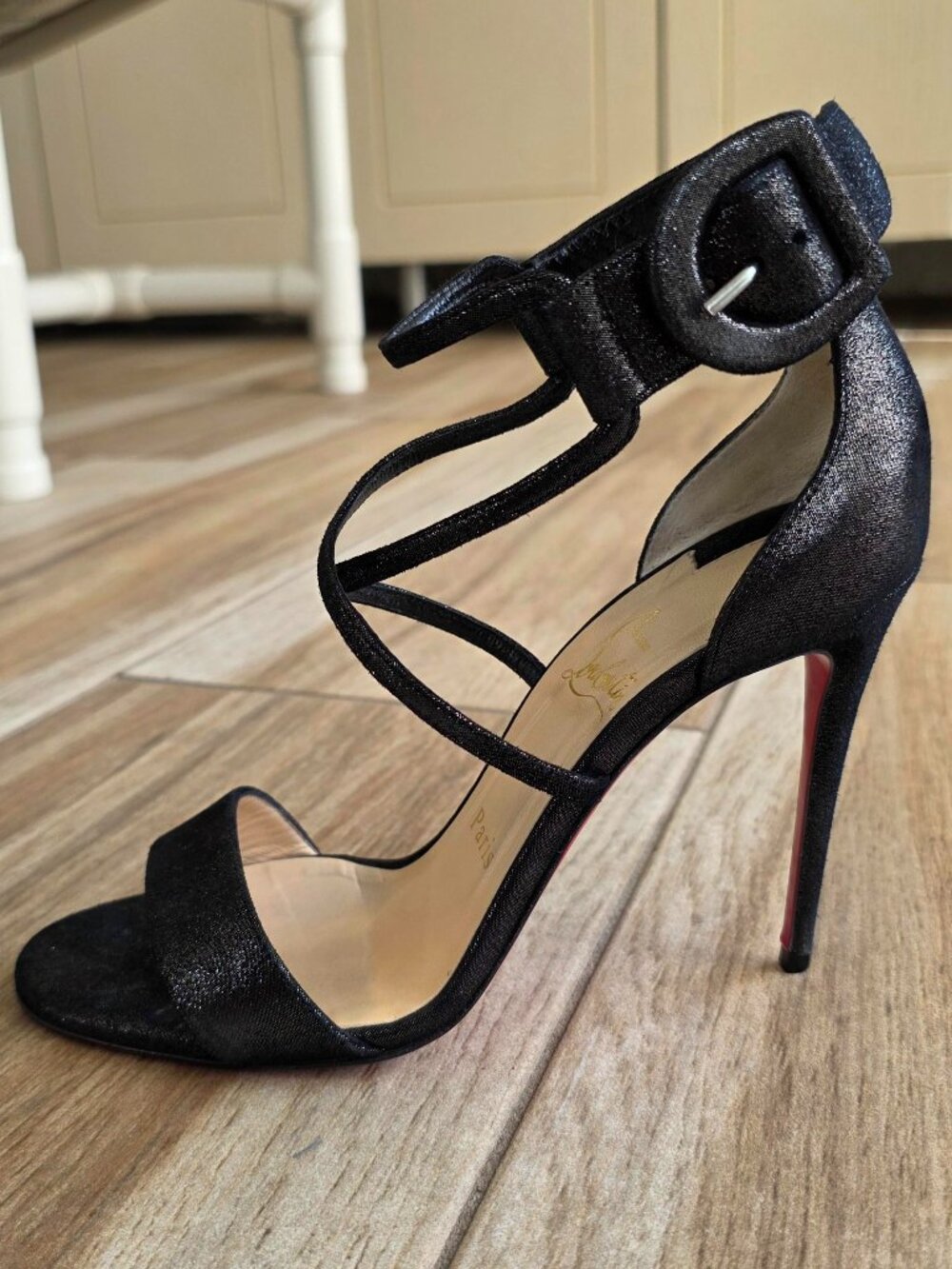 Christian Louboutin Choca Black Metallic/Suede Stilletto Sandal Shoes Eur. 37.5